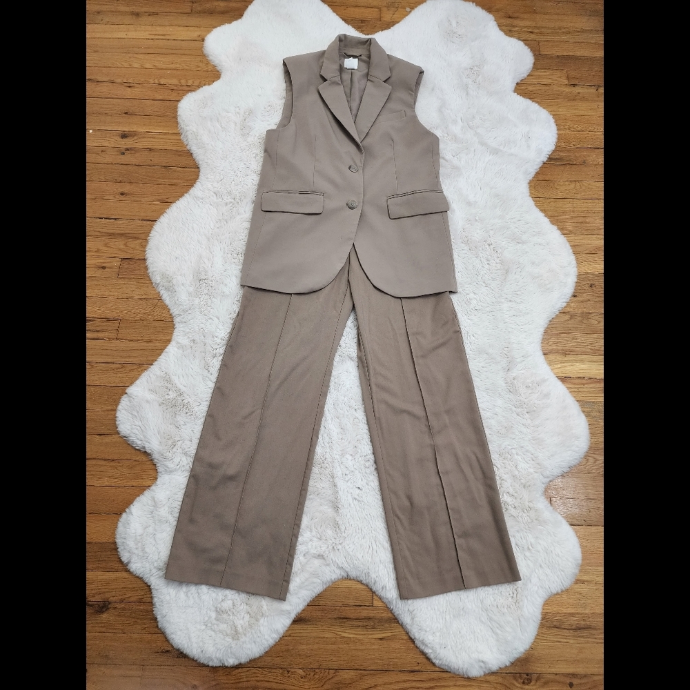 Beige H&M Oversized Shoulder Pads Long Vest and High Waisted Wide Leg Pants Set